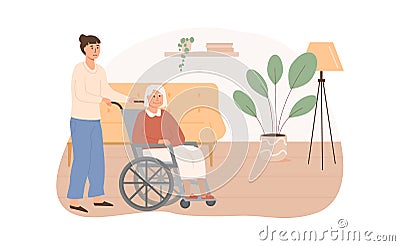 Residential care facility. Social worker taking care of disabled elderly person on wheelchair. Old age woman living in Vector Illustration