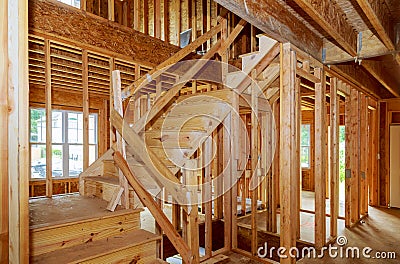 Residential home framing view on new house wooden under construction Stock Photo