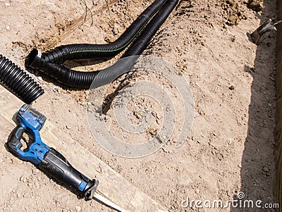 Residential Drainage and Landscaping Construction Stock Photo