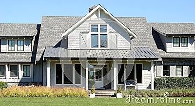 Modern Gray Farm House Home Exterior Front Elevation Stock Photo