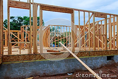 Residential home framing view on new house wooden under construction Stock Photo