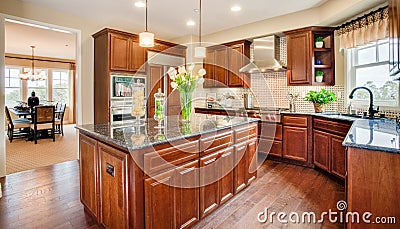 Residential Model Home Kitchen and Dining Room Stock Photo