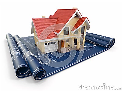 Residential house on architect blueprints. Housing project. Stock Photo