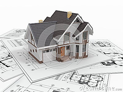 Residential house on architect blueprints. Housing project. Stock Photo