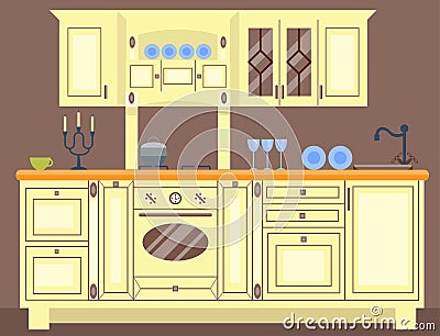 Residential interior of modern kitchen in luxury mansion. House architecture new modern furniture vector illustration. Vector Illustration