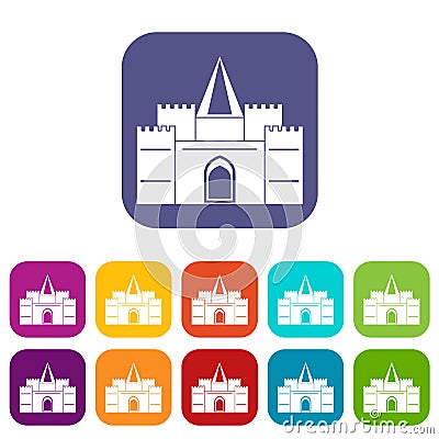 Residential mansion with towers icons set flat Vector Illustration