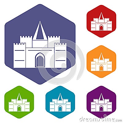 Residential mansion with towers icons set hexagon Vector Illustration