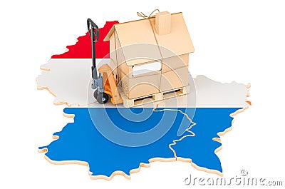 Residential moving service in Luxembourg, concept. Hydraulic hand pallet truck with cardboard house parcel on Luxembourgish map, Stock Photo