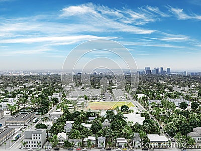 Residential neighborhood with commercial and cityscape background. Stock Photo