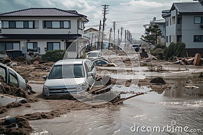 residential neighborhood with flooded streets and overturned cars after tsunami hits coastline Stock Photo
