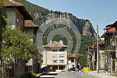 Residential neighborhood with houses against the backdrop of a Teteven balkan, Teteven town Editorial Stock Photo