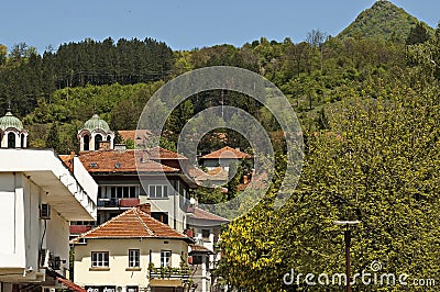Residential neighborhood with houses against the backdrop of a Teteven balkan, Teteven town Stock Photo