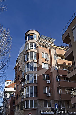 Residential neighborhood with interesting modern structures maximizing the use of roof spaces Stock Photo