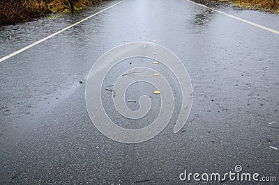 Residential street with water flooding from both sides, yellow center line dots, still raining Stock Photo