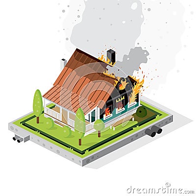 Residential Suburban Building on Flaming Fire. Isometric Concept. Dense Smoke Stock Photo