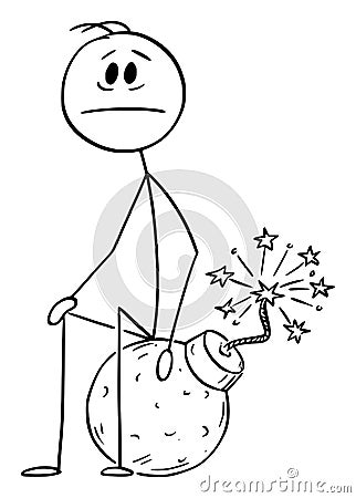 Resigned Person Sitting on Bomb Waiting for Explosion, Vector Cartoon Stick Figure Illustration Vector Illustration