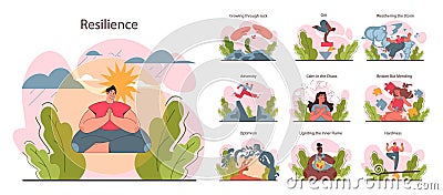 Resilience set. Mental or emotional strength, psychological flexibility. Vector Illustration