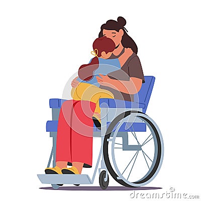 Resilient Disabled Mother In A Wheelchair, Embracing Her Little Child, Shares Heartwarming Moments, Vector Illustration Vector Illustration