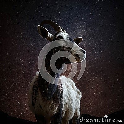 A resilient goat gazing up at a sky of stars and the dream of greater things. Zodiac Astrology concept. AI generation Stock Photo