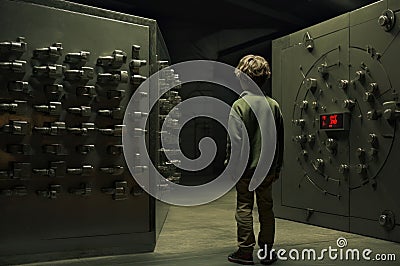 Resilient Modern child boy underground bunker. Generate Ai Stock Photo