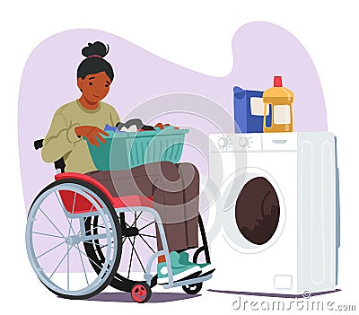 Resilient Woman In A Wheelchair, Determined And Self-sufficient, Confidently Loads Her Laundry Into A Washing Machine Vector Illustration