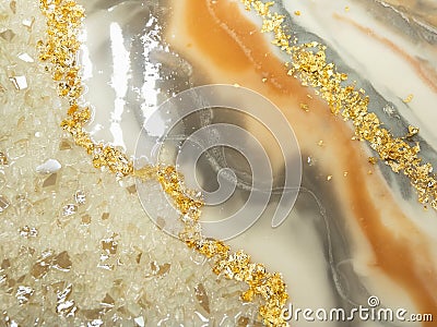 Resin art abstract with golden colors and glass. Epoxy resin art painting space. Epoxy background Stock Photo