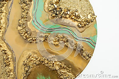 Resin art pound painting with golden and green color with glass Stock Photo