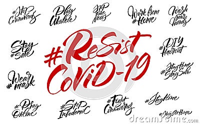 Resist COVID-19 hashtag lettering set Vector Illustration