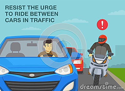 Resist the urge to ride between cars in traffic. Close-up front view of a biker trying to pass traffic jam. Vector Illustration