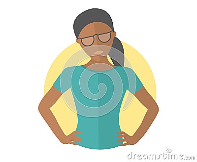 Resolute black pretty girl in glasses. Lets do it concept. Flat design icon. Decisive woman with arms akimbo. Simply editable isol Vector Illustration
