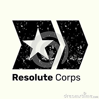 Resolute corps text in black with distressed black chevrons and cut out star logo on off white Stock Photo