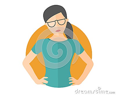 Resolute pretty girl in glasses. Lets do it concept. Flat design icon. Decisive woman with arms akimbo. Simply editable isolated v Vector Illustration