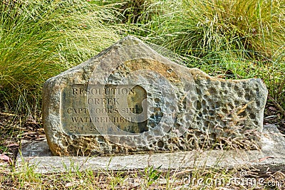 Resolution Creek monument marking the 1777 landing of Captain Cook on Bruny Island Editorial Stock Photo