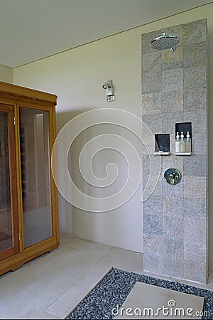 Resort bathroom shower semi outdoors Stock Photo