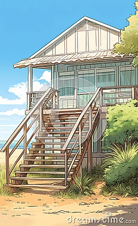 house by the sea, beach house, blue sky, generated by ai, generative assistant., Stock Photo