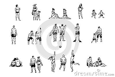 Resort recreation, holiday vacation, men and women playing volleyball, surfing, people in swimsuits on beach set Vector Illustration