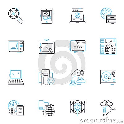 Resource pooling linear icons set. Collaboration, Aggregation, Optimization, Consolidation, Warehouse, Integration Vector Illustration
