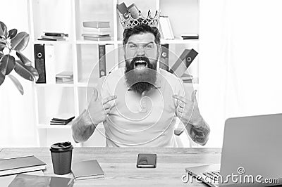 Respect me. Man arrogant rude boss with golden crown sit in office. Superiority and self confidence. King of office Stock Photo