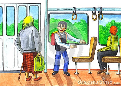 Respect to elderly in transport Stock Photo