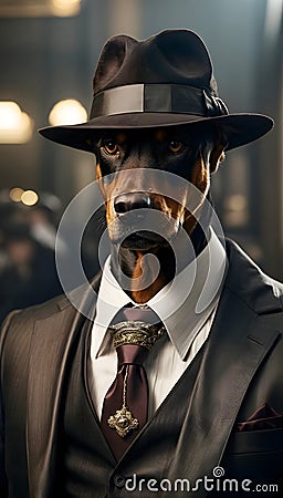 Respected Ringleader: Doberman's Authority in the Mafia's Esteemed Domain Stock Photo