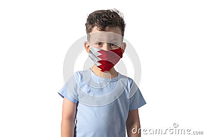 Respirator with flag of Bahrain. White boy puts on medical face mask isolated on white background Stock Photo