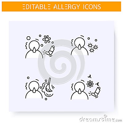 Respiratory allergy types line icons set. Editable Vector Illustration