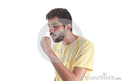 Respiratory disease. Young man coughing Stock Photo