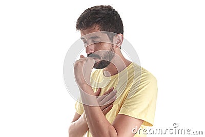 Respiratory disease. Young man coughing Stock Photo