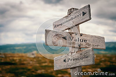 Responsibility, value, principle signpost in nature. Stock Photo