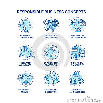 Responsible business turquoise concept icons set Vector Illustration