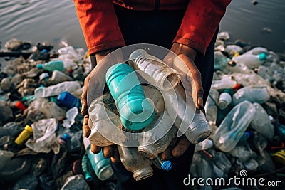 responsible person volunteer hands holding close up plastic trash from beach waste management. Stock Photo