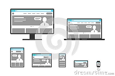 Responsive adaptive web design template set. Website on different devices. Desktop monitor, laptop, tablet, smartphone Vector Illustration