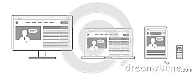 Responsive adaptive web design. Website open on different devices. Computer PC monitor, laptop, tablet, smartphone Vector Illustration