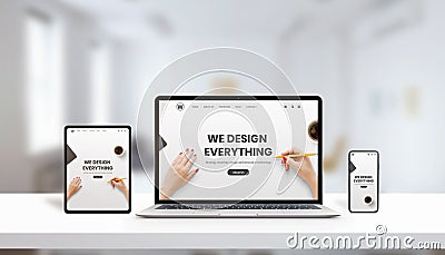 Responsive agency web page on laptop, tablet and phone display concept. Modern, flat web page design Stock Photo